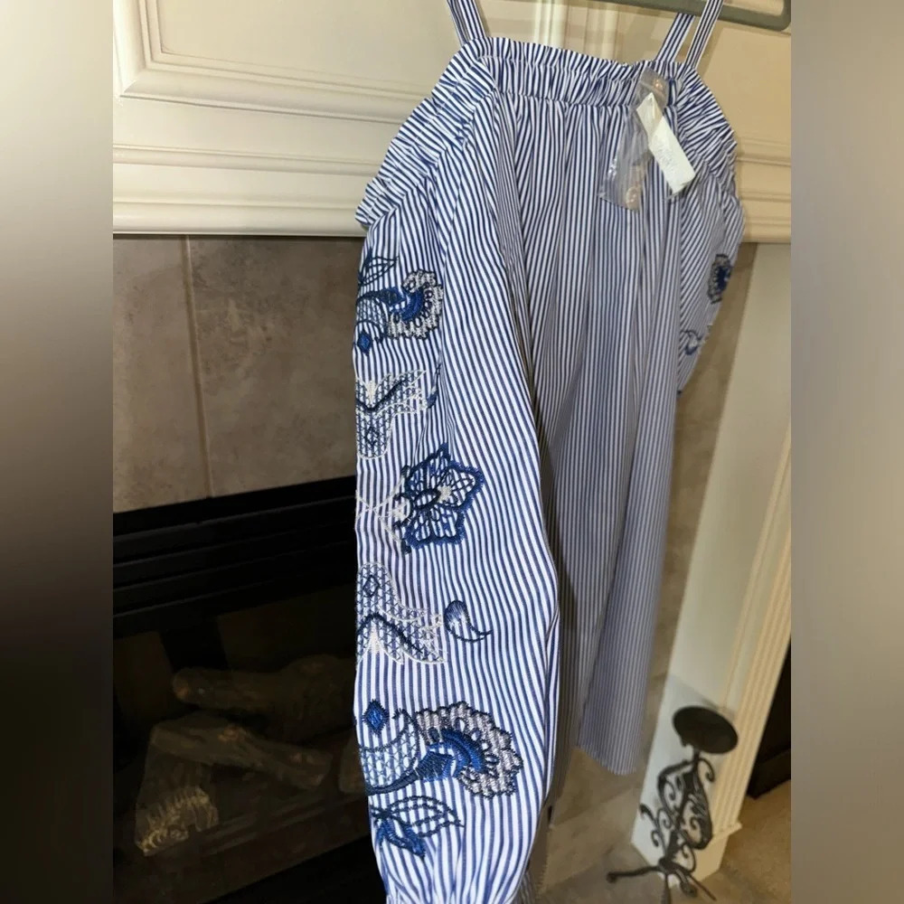 As U Wish NWT Women’s Dress Off theShoulder Blue White Stripe Embroidered- M - Picture 2 of 9